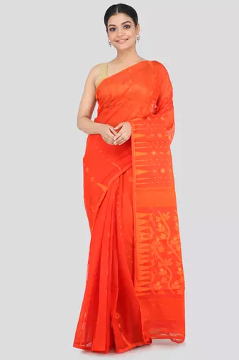Orange Hand Woven Pure Cotton Saree Without Blouse