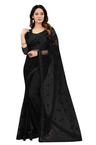 Black Resham Zari Stone Embroidery Net Saree