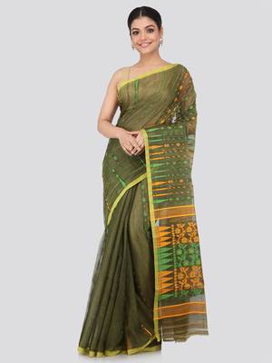 Green Hand Woven Pure Cotton Saree Without Blouse 1