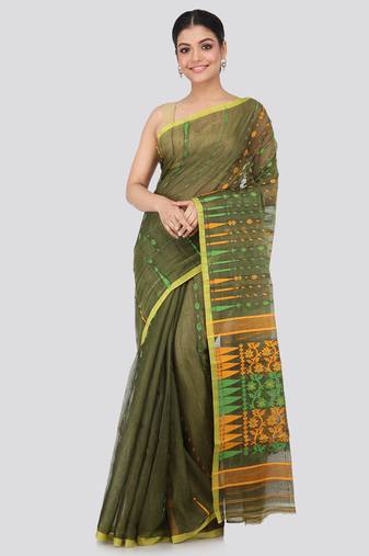 Green Hand Woven Pure Cotton Saree Without Blouse