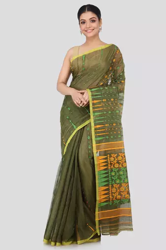 Green Hand Woven Pure Cotton Saree Without Blouse