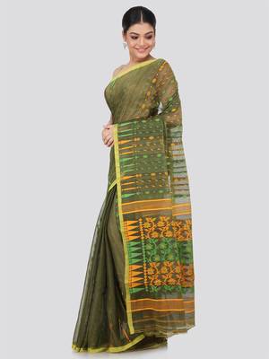 Green Hand Woven Pure Cotton Saree Without Blouse 2