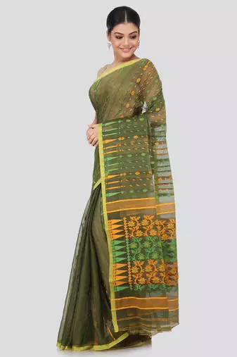 Green Hand Woven Pure Cotton Saree Without Blouse