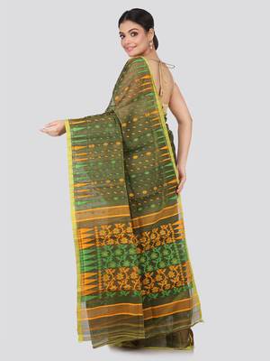 Green Hand Woven Pure Cotton Saree Without Blouse 3