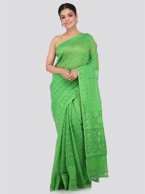 Green Hand Woven Pure Cotton Saree Without Blouse 1