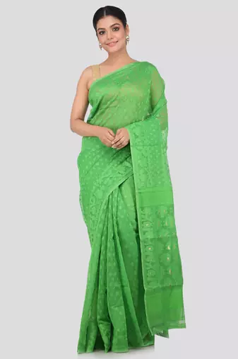 Green Hand Woven Pure Cotton Saree Without Blouse