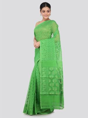 Green Hand Woven Pure Cotton Saree Without Blouse 2