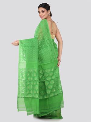 Green Hand Woven Pure Cotton Saree Without Blouse 3