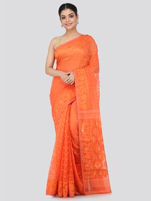 Orange Hand Woven Pure Cotton Saree Without Blouse 1