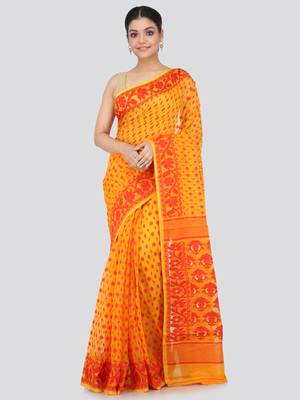 Yellow Hand Woven Pure Cotton Saree Without Blouse 1