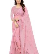 Pink Resham Zari Stone Embroidery Net Saree