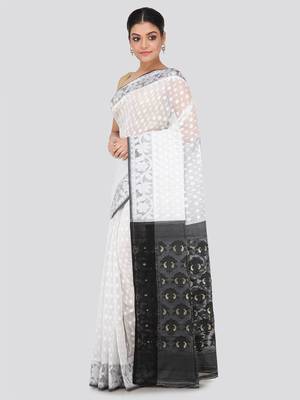 White Hand Woven Pure Cotton Saree Without Blouse 2