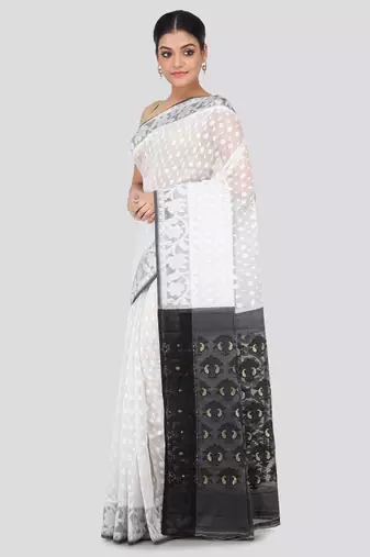 White Hand Woven Pure Cotton Saree Without Blouse