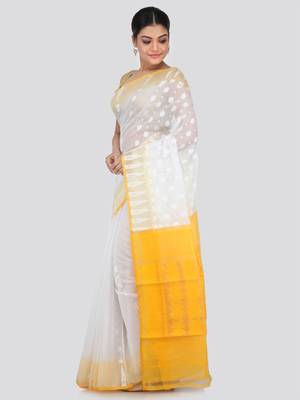 White Hand Woven Pure Cotton Saree Without Blouse 2