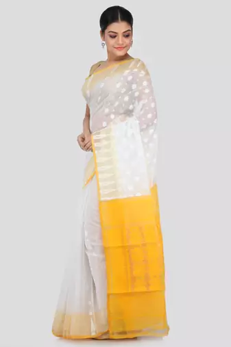 White Hand Woven Pure Cotton Saree Without Blouse