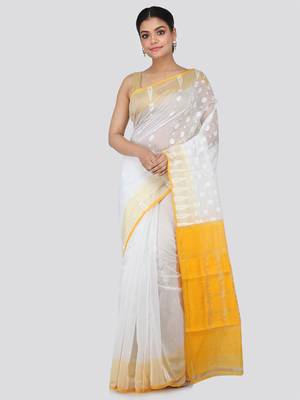White Hand Woven Pure Cotton Saree Without Blouse 1