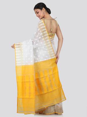 White Hand Woven Pure Cotton Saree Without Blouse 3
