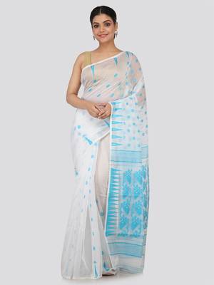 White Hand Woven Pure Cotton Saree Without Blouse 1