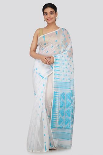 White Hand Woven Pure Cotton Saree Without Blouse