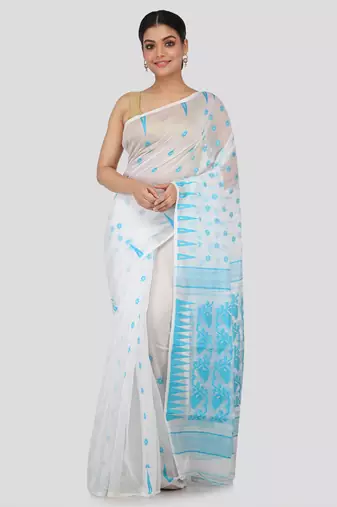 White Hand Woven Pure Cotton Saree Without Blouse