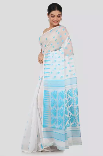 White Hand Woven Pure Cotton Saree Without Blouse