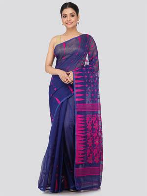 Blue Hand Woven Pure Cotton Saree Without Blouse 1