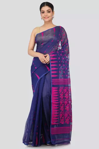 Blue Hand Woven Pure Cotton Saree Without Blouse