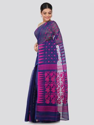 Blue Hand Woven Pure Cotton Saree Without Blouse 2
