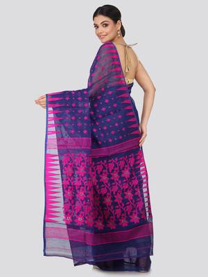 Blue Hand Woven Pure Cotton Saree Without Blouse 3