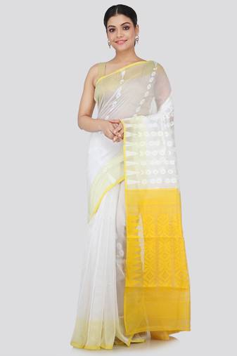 White Hand Woven Pure Cotton Saree Without Blouse