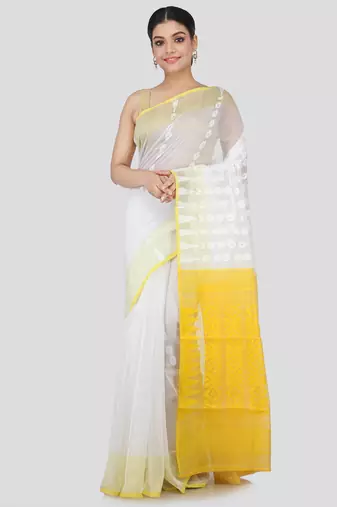 White Hand Woven Pure Cotton Saree Without Blouse