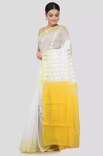 White Hand Woven Pure Cotton Saree Without Blouse