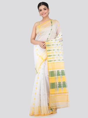 White Hand Woven Pure Cotton Saree Without Blouse 1