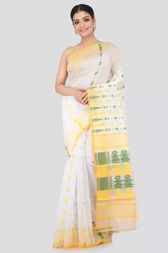 White Hand Woven Pure Cotton Saree Without Blouse