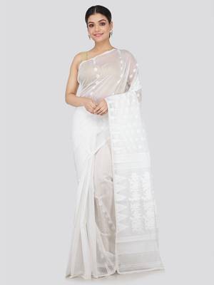 White Hand Woven Pure Cotton Saree Without Blouse 1