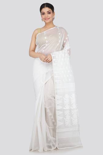 White Hand Woven Pure Cotton Saree Without Blouse
