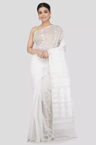 White Hand Woven Pure Cotton Saree Without Blouse