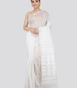 White Hand Woven Pure Cotton Saree Without Blouse
