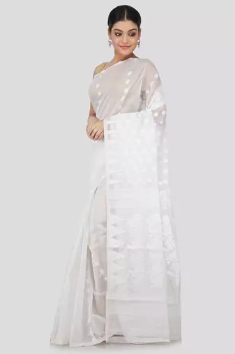 White Hand Woven Pure Cotton Saree Without Blouse