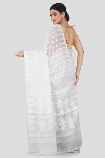 White Hand Woven Pure Cotton Saree Without Blouse