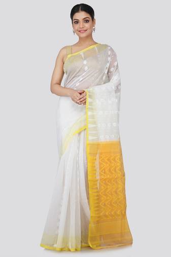 White Hand Woven Pure Cotton Saree Without Blouse