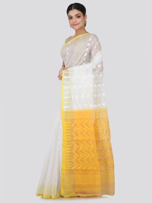 White Hand Woven Pure Cotton Saree Without Blouse 2