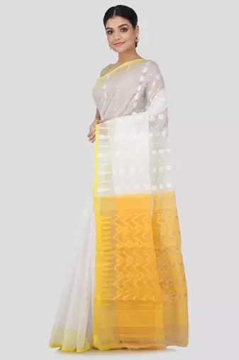 White Hand Woven Pure Cotton Saree Without Blouse