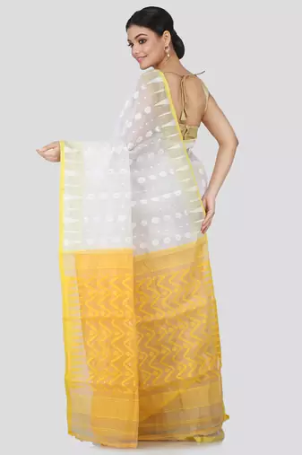 White Hand Woven Pure Cotton Saree Without Blouse