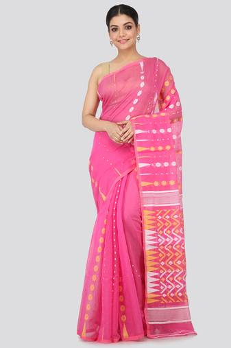 Pink Hand Woven Pure Cotton Saree Without Blouse