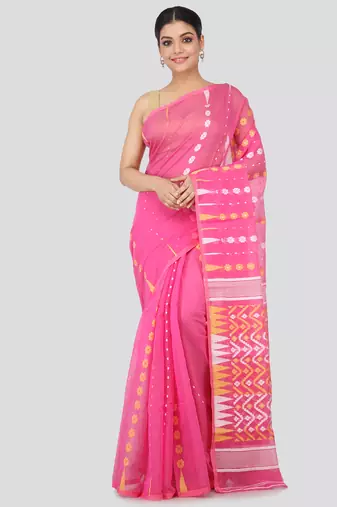Pink Hand Woven Pure Cotton Saree Without Blouse