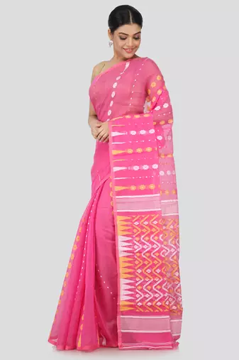 Pink Hand Woven Pure Cotton Saree Without Blouse