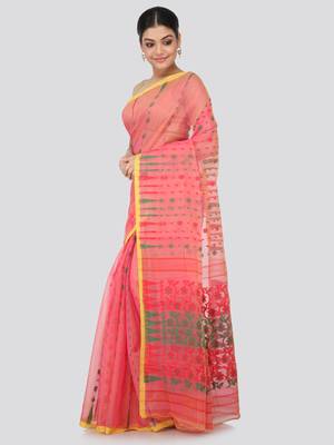 Red Hand Woven Pure Cotton Saree Without Blouse 2