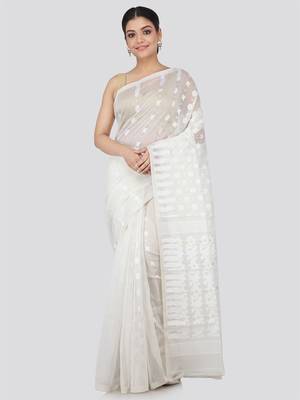 White Hand Woven Pure Cotton Saree Without Blouse 1