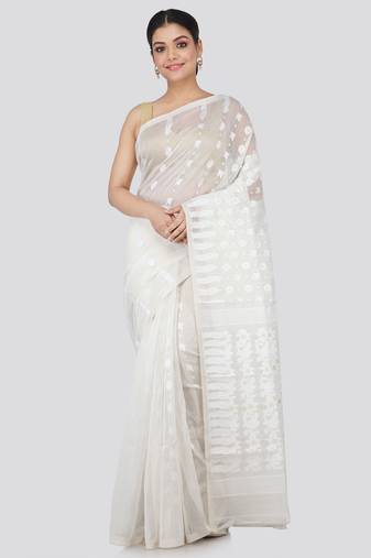 White Hand Woven Pure Cotton Saree Without Blouse